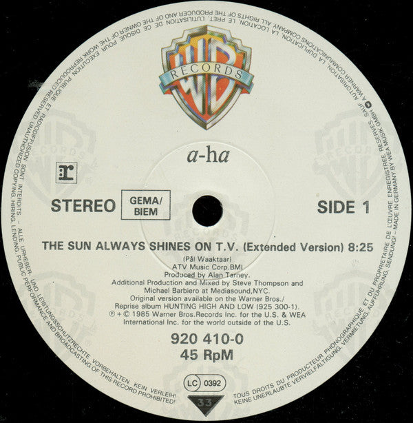 a-ha : The Sun Always Shines On T.V. (12", Maxi)