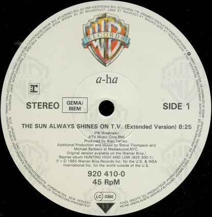a-ha : The Sun Always Shines On T.V. (12", Maxi)