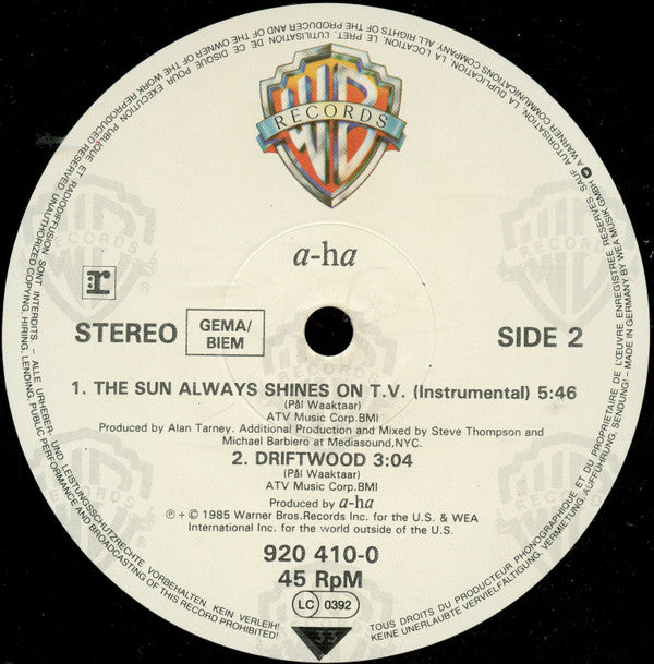 a-ha : The Sun Always Shines On T.V. (12", Maxi)
