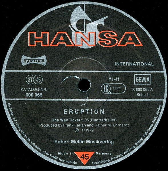 Eruption (4) : One Way Ticket (Long Version) / Left Me In The Rain (12", Single, Ltd)