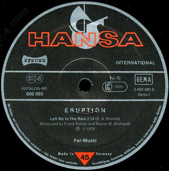 Eruption (4) : One Way Ticket (Long Version) / Left Me In The Rain (12", Single, Ltd)