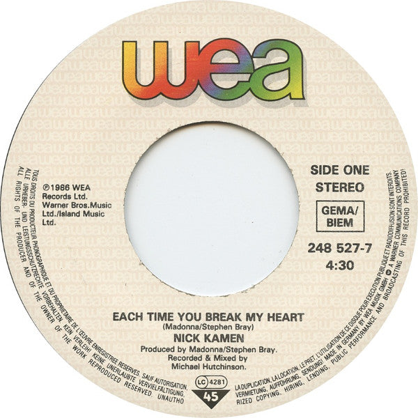 Nick Kamen : Each Time You Break My Heart (7", Single)