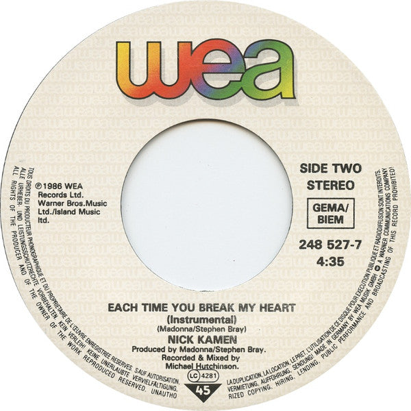 Nick Kamen : Each Time You Break My Heart (7", Single)