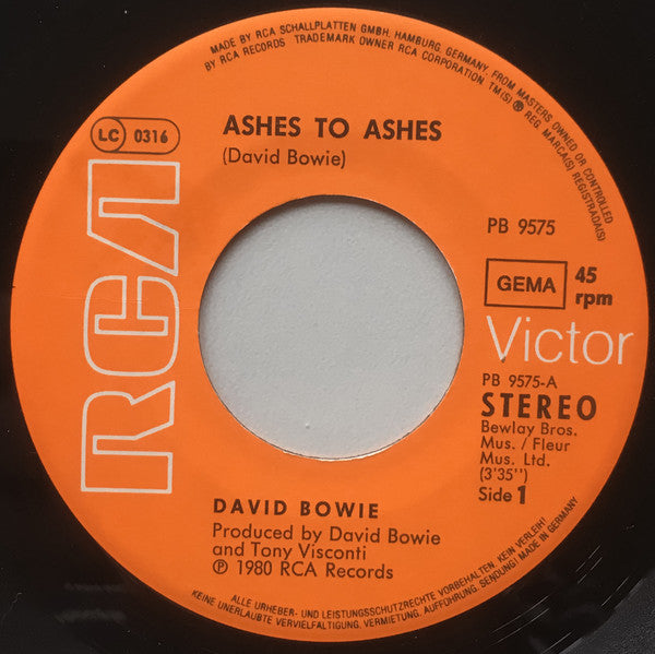 David Bowie : Ashes To Ashes (7", Single)