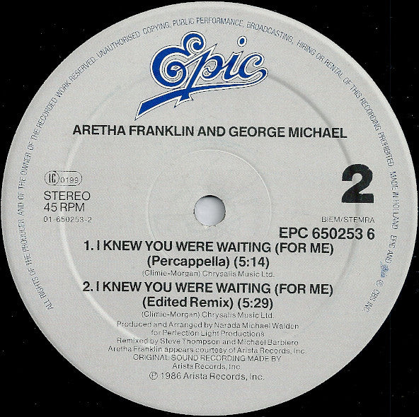 Aretha Franklin & George Michael : I Knew You Were Waiting (For Me) (12", Maxi)