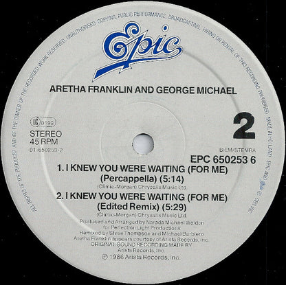 Aretha Franklin & George Michael : I Knew You Were Waiting (For Me) (12", Maxi)