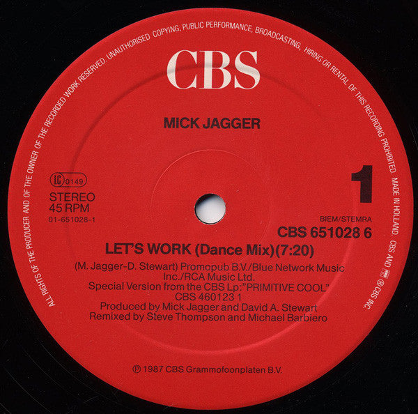 Mick Jagger : Let's Work (Dance Mix) (12", Maxi)