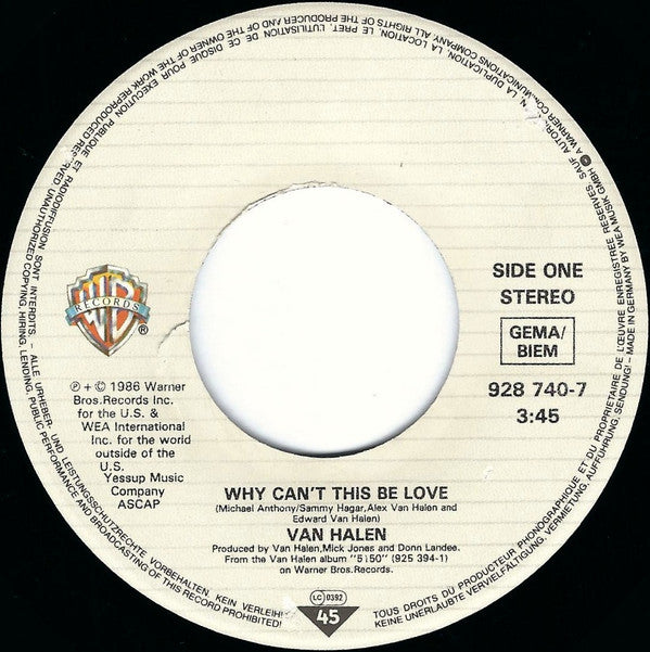 Van Halen : Why Can't This Be Love (7", Single)