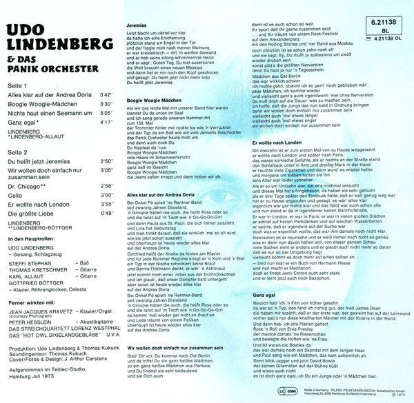 Udo Lindenberg & Das Panikorchester* : Alles Klar Auf Der Andrea Doria (LP, Album)
