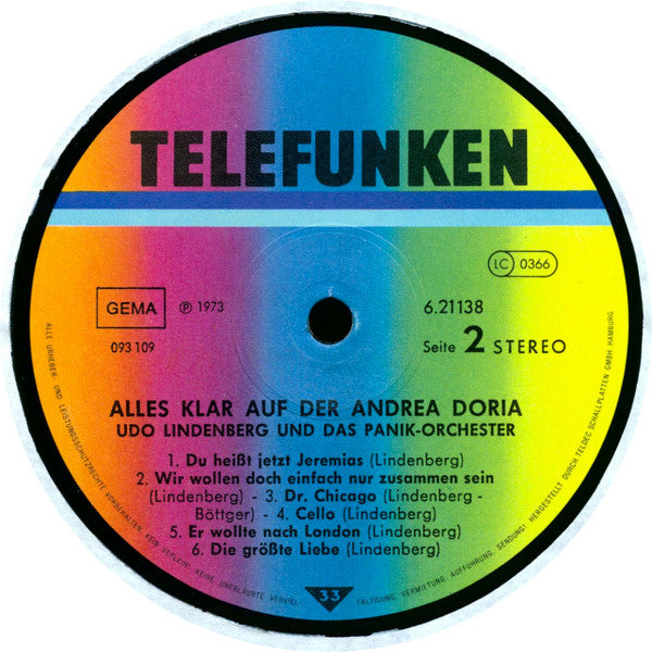 Udo Lindenberg & Das Panikorchester* : Alles Klar Auf Der Andrea Doria (LP, Album)