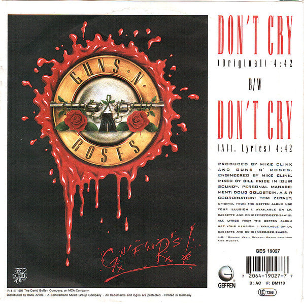 Guns N' Roses : Don't Cry (7", Single)