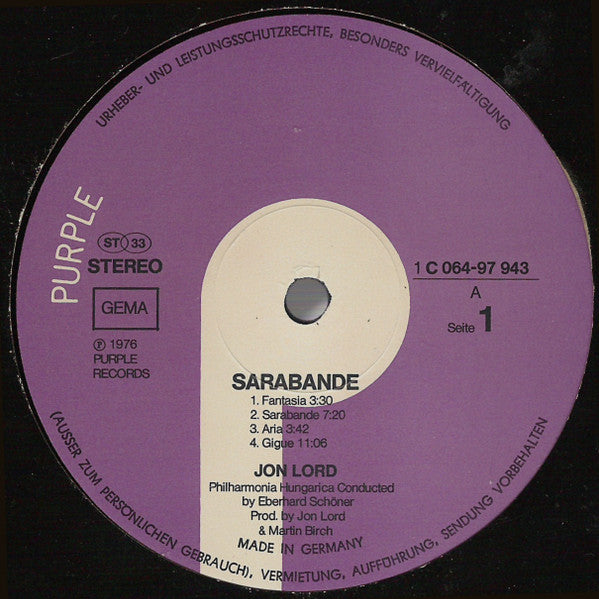 Jon Lord : Sarabande (LP, Album, RP, Die)