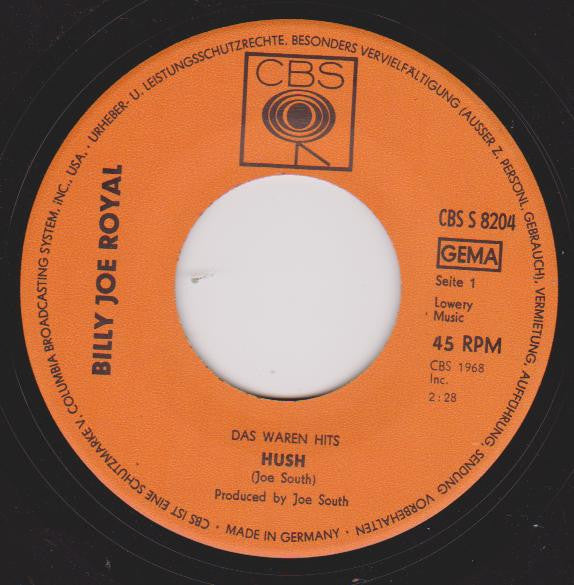 Billy Joe Royal : Hush / Down In The Boondocks (7", Single)