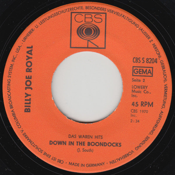 Billy Joe Royal : Hush / Down In The Boondocks (7", Single)