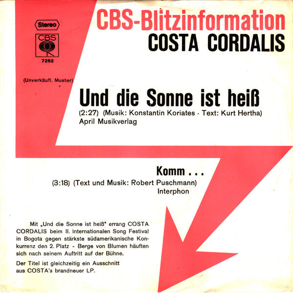 Costa Cordalis : Und Die Sonne Ist Heiß (7", Single, Promo)