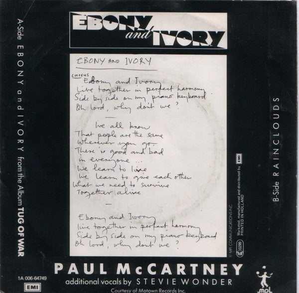Paul McCartney : Ebony And Ivory (7", Single)