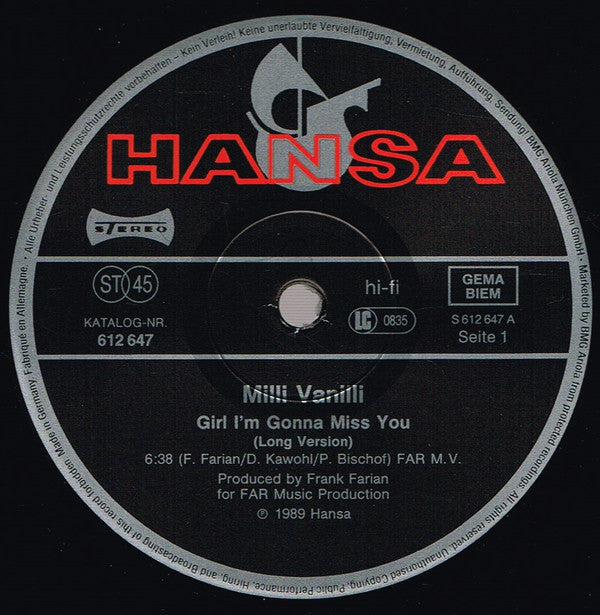 Milli Vanilli : Girl I'm Gonna Miss You (12", Maxi)