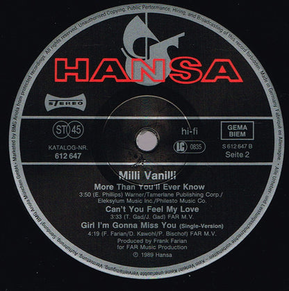 Milli Vanilli : Girl I'm Gonna Miss You (12", Maxi)