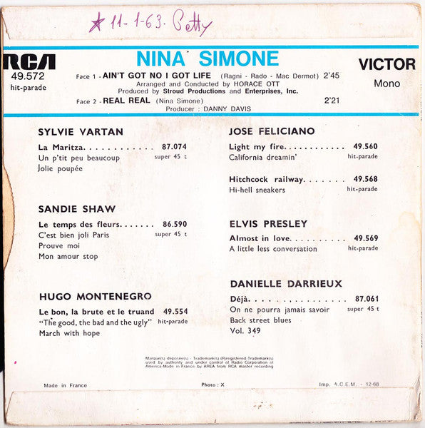Nina Simone : Ain't Got No I Got Life / Real Real (7", Single, Mono)
