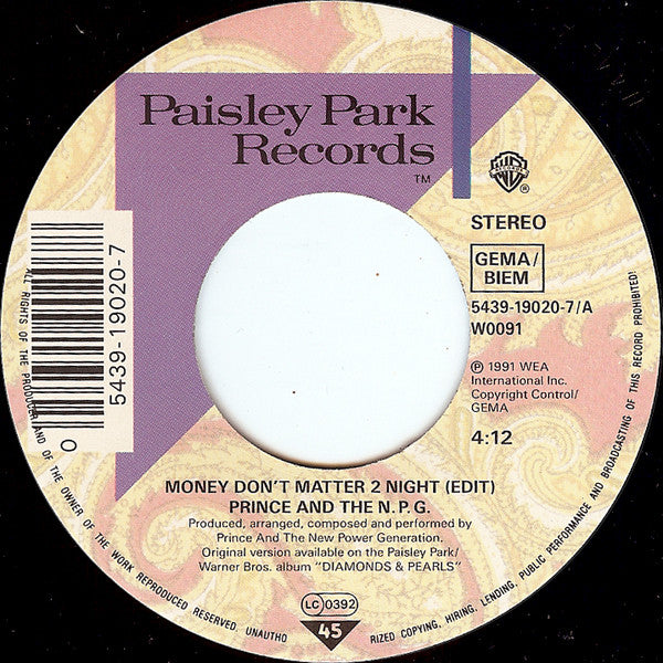 Prince And The New Power Generation : Money Don't Matter 2 Night (7", Single, Lar)