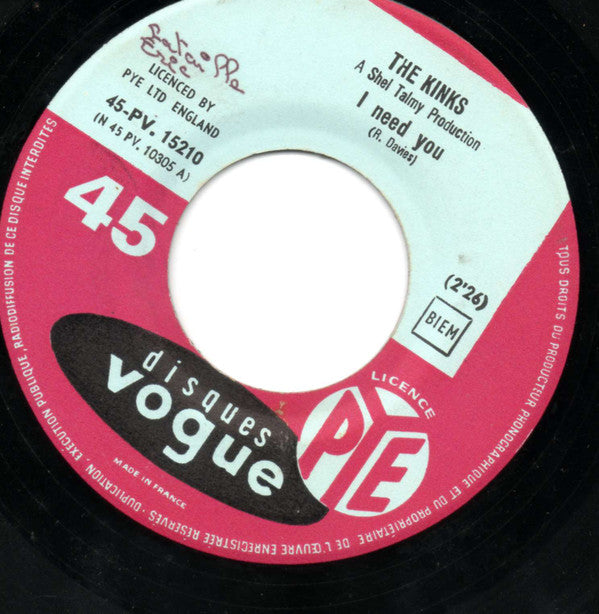 The Kinks : I Need You / Set Me Free (7", Single)