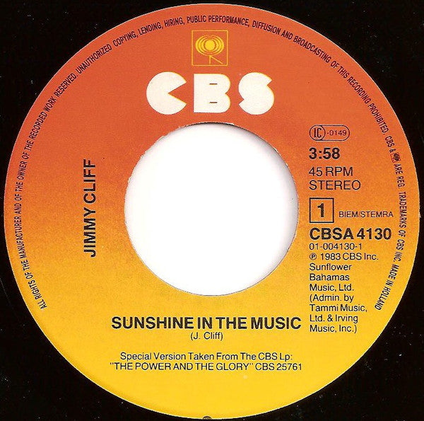 Jimmy Cliff : Sunshine In The Music (7", Single)