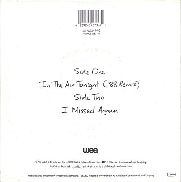 Phil Collins : In The Air Tonight ('88 Remix) (7", Single)