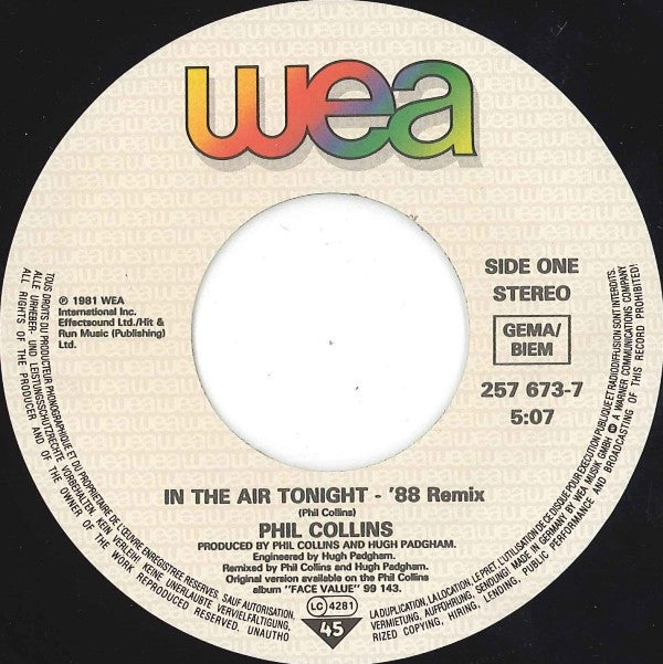 Phil Collins : In The Air Tonight ('88 Remix) (7", Single)