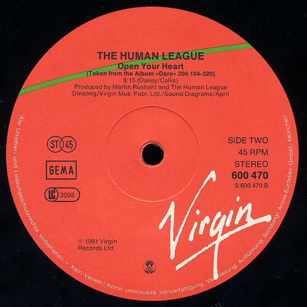 The Human League : Love Action (I Believe In Love) / Open Your Heart (12", Sup)