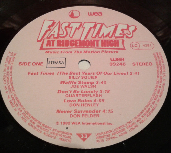 Various : Fast Times At Ridgemont High • Music From The Motion Picture (LP, Comp)