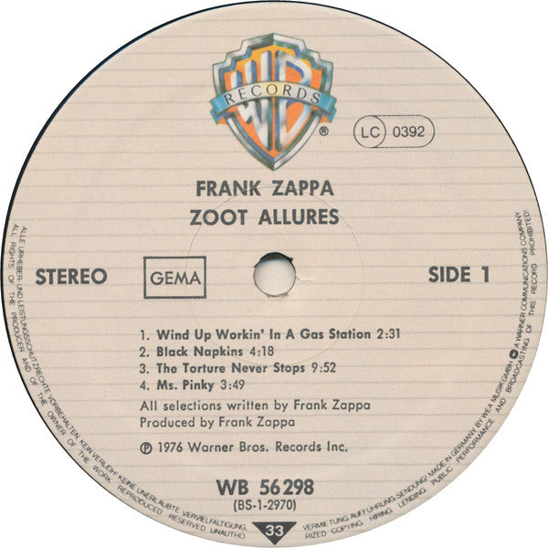 Frank Zappa : Zoot Allures (LP, Album, RE)