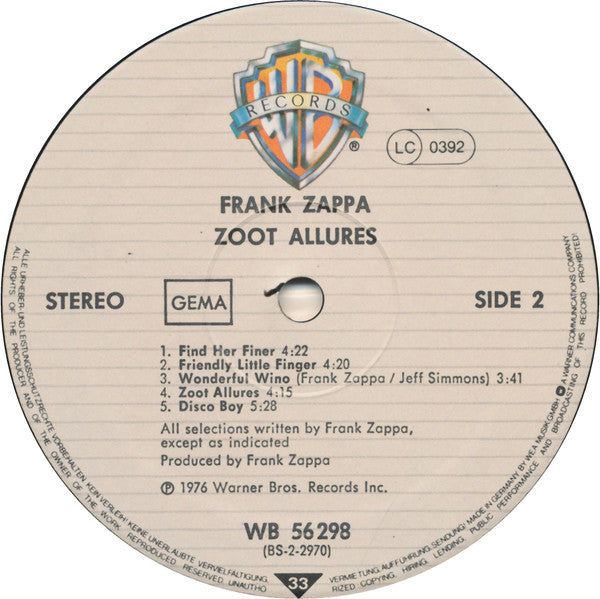 Frank Zappa : Zoot Allures (LP, Album, RE)
