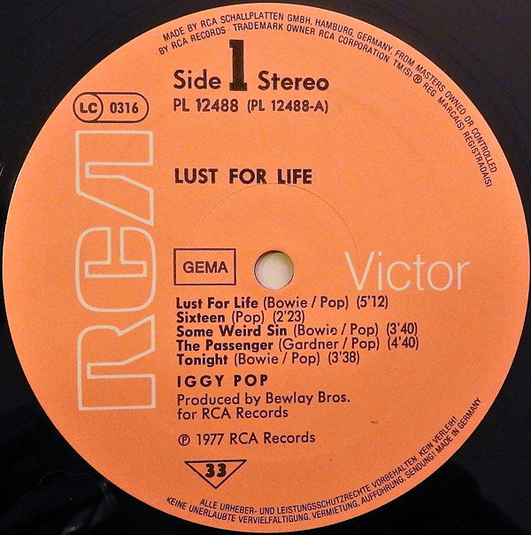 Iggy Pop : Lust For Life (LP, Album, Ora)