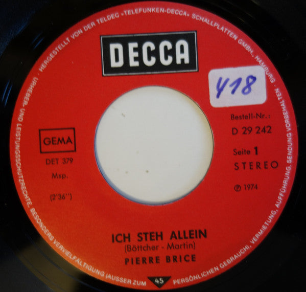 Pierre Brice, Lex Barker : Ich Steh Allein / Ich Bin Morgen Auf Dem Weg Zu Dir (7")