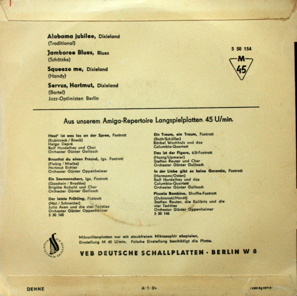 Jazz-Optimisten Berlin : Alabama Jubilee / Jamboree Blues / Squeeze Me / Servus, Hartmut (7", EP, Mono)