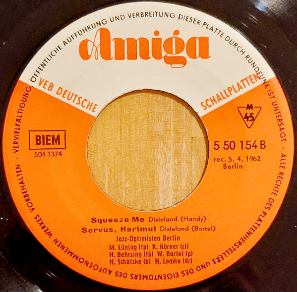 Jazz-Optimisten Berlin : Alabama Jubilee / Jamboree Blues / Squeeze Me / Servus, Hartmut (7", EP, Mono)