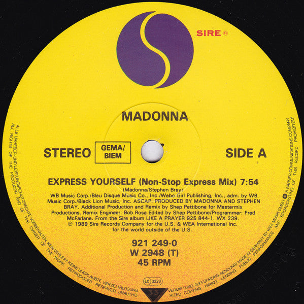 Madonna : Express Yourself (12", Maxi, Als)