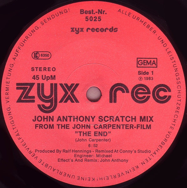 The Splash Band : John Carpenter's The End (Assault On Precinct 13) (New Scratch-Mix) (12", Maxi, Red)