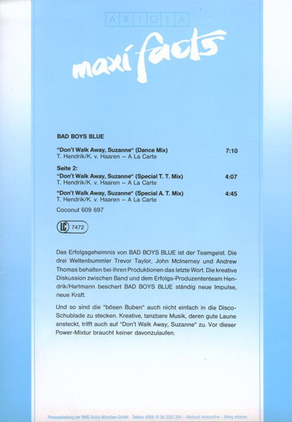 Bad Boys Blue : Don't Walk Away Suzanne (12", Maxi)
