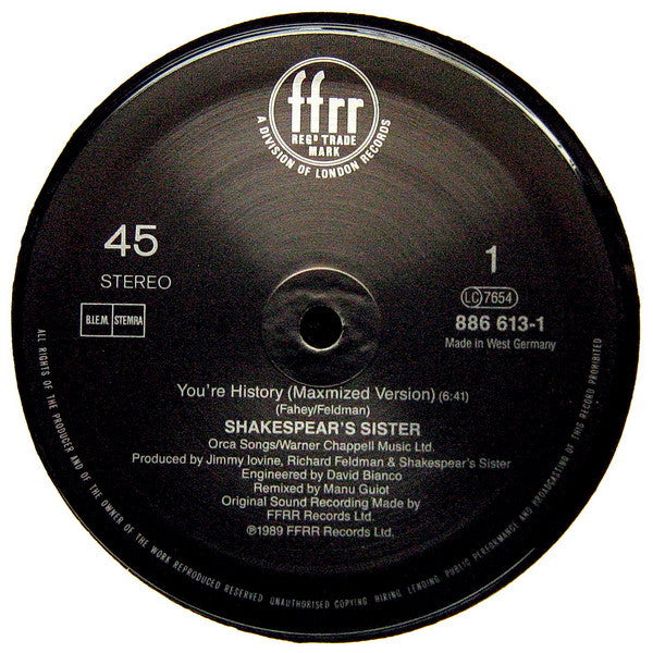 Shakespear's Sister : You're History (12", Single)