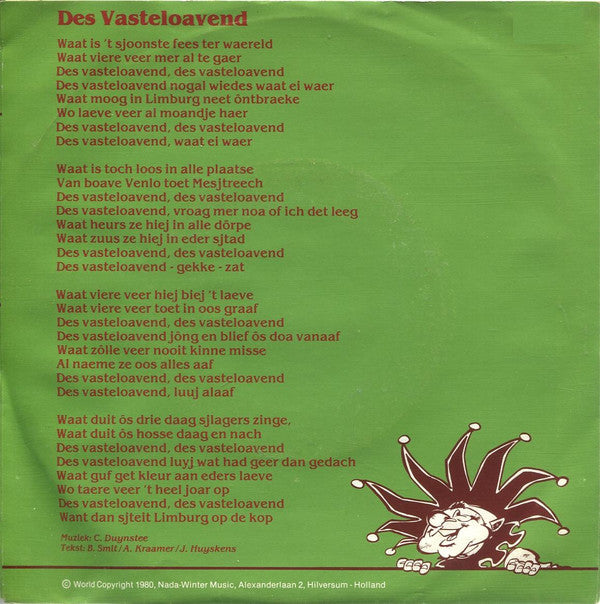 Jan En Geert Huyskens m.m.v. Rosewater's Jazzband : Des Vasteloavend (7", Single)
