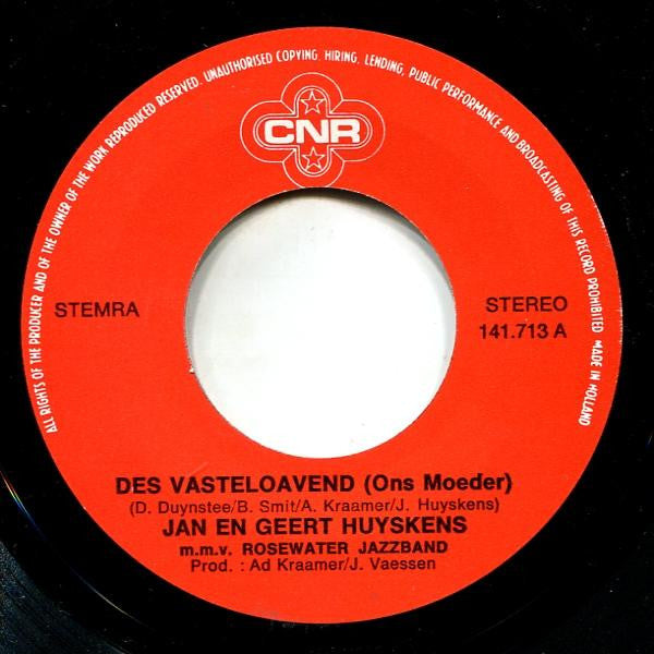 Jan En Geert Huyskens m.m.v. Rosewater's Jazzband : Des Vasteloavend (7", Single)