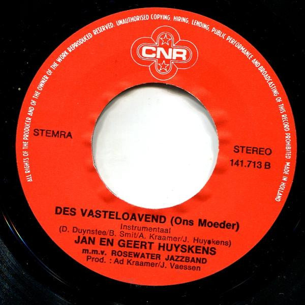 Jan En Geert Huyskens m.m.v. Rosewater's Jazzband : Des Vasteloavend (7", Single)