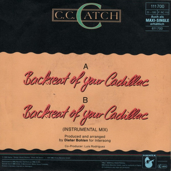 C.C. Catch : Backseat Of Your Cadillac (7", Single)