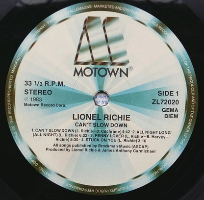 Lionel Richie : Can't Slow Down (LP, Album, RE, Gat)