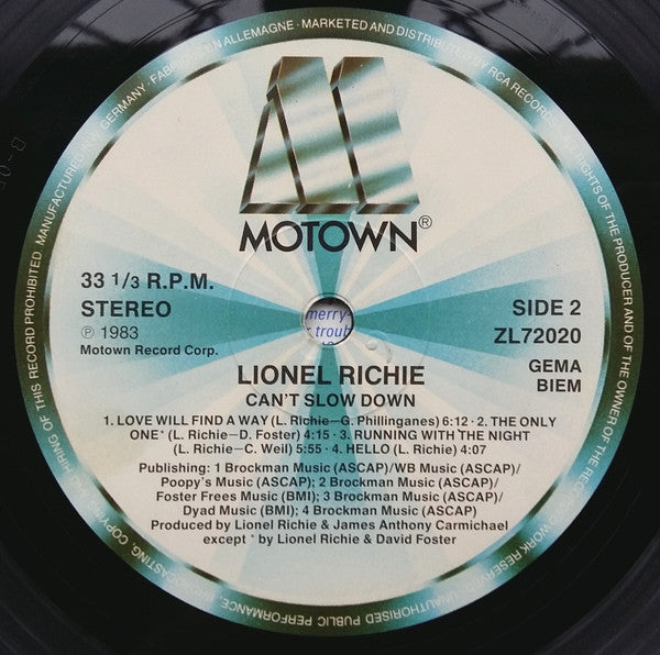 Lionel Richie : Can't Slow Down (LP, Album, RE, Gat)