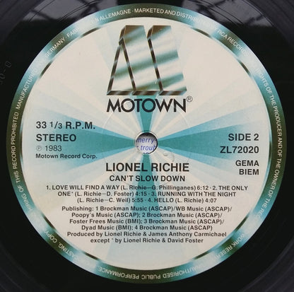 Lionel Richie : Can't Slow Down (LP, Album, RE, Gat)