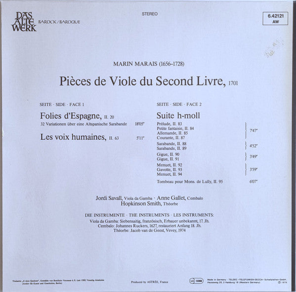 Marin Marais : Jordi Savall, Anne Gallet, Hopkinson Smith : Pièces De Viole Du Second Livre, 1701 (LP)