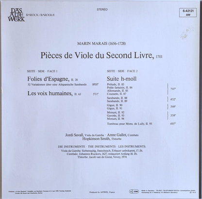 Marin Marais : Jordi Savall, Anne Gallet, Hopkinson Smith : Pièces De Viole Du Second Livre, 1701 (LP)