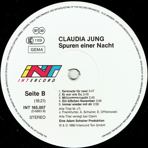Claudia Jung : Spuren Einer Nacht (LP, Album)
